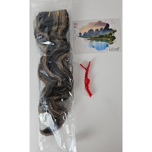 Vigorous Womens Clip-In Hair Extensions Black Mix Caramel 20 Inch Wavy Synthetic - Picture 6 of 7